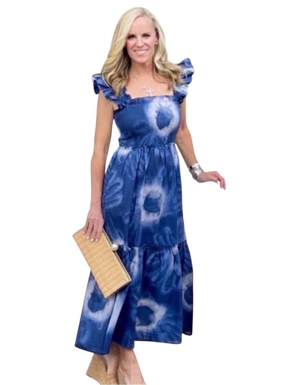 Tuckernuck Blue Tie-Dye Ruffle Strap smocked bodice Maxi sunDress size medium